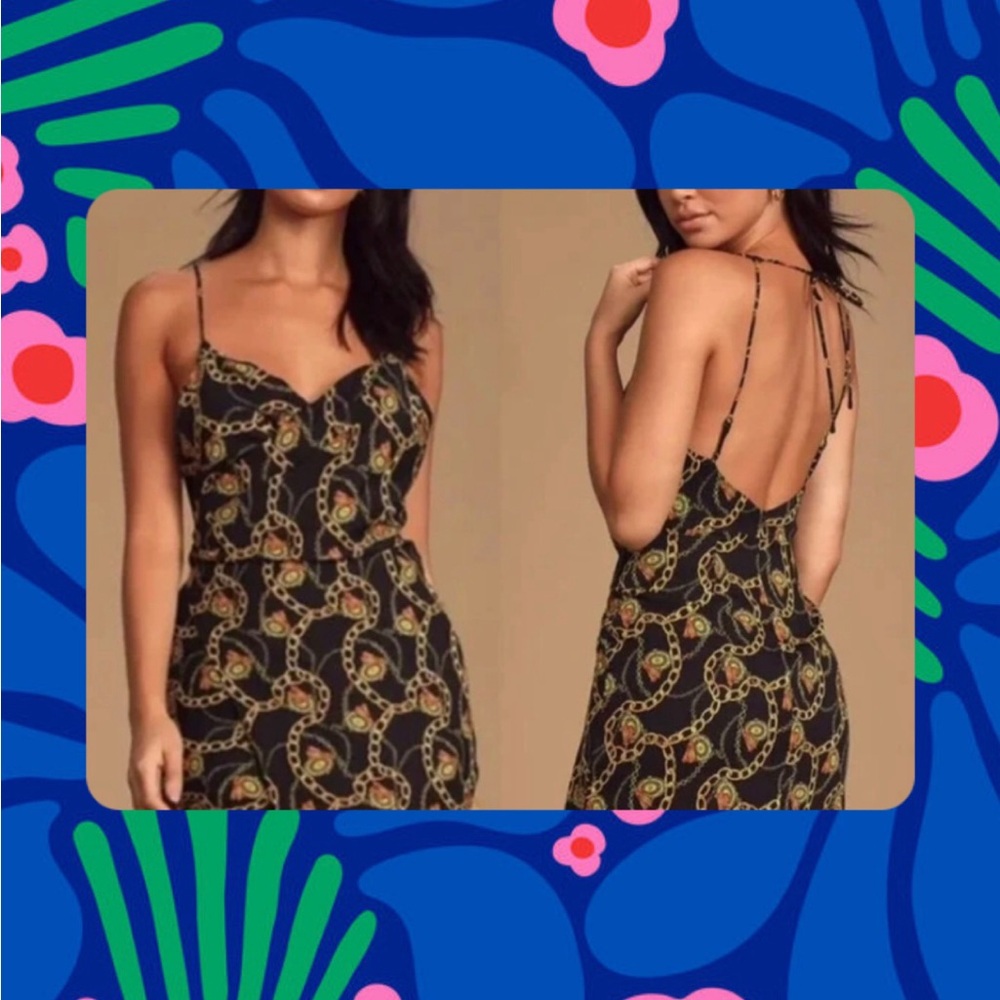 Astr Black open back Dress with Gold Chain Pattern Small
